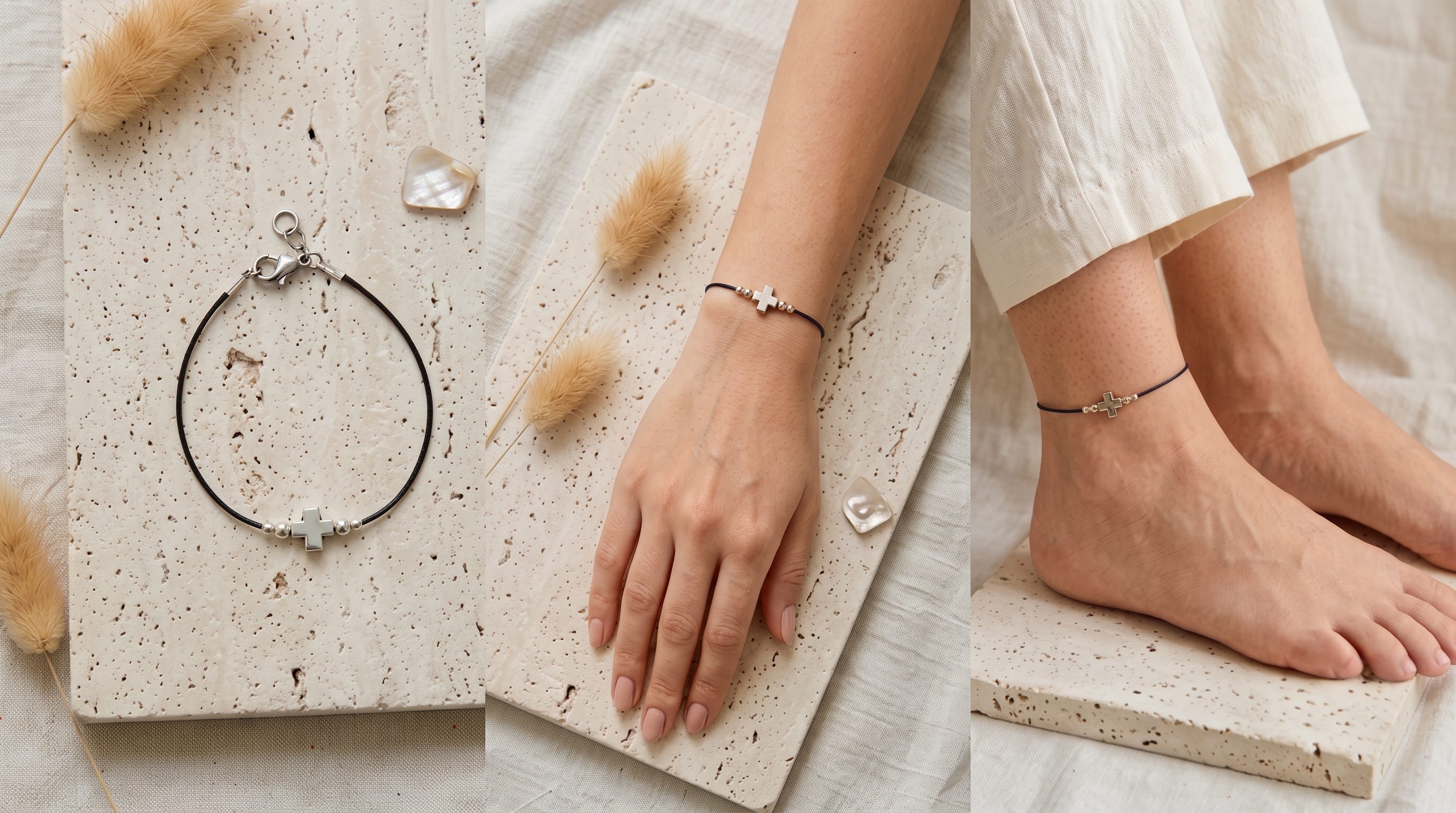 Triptyque : un bracelet à croix de nacre posé sur du travertin, le même porté au poignet, puis porté en bracelet de cheville