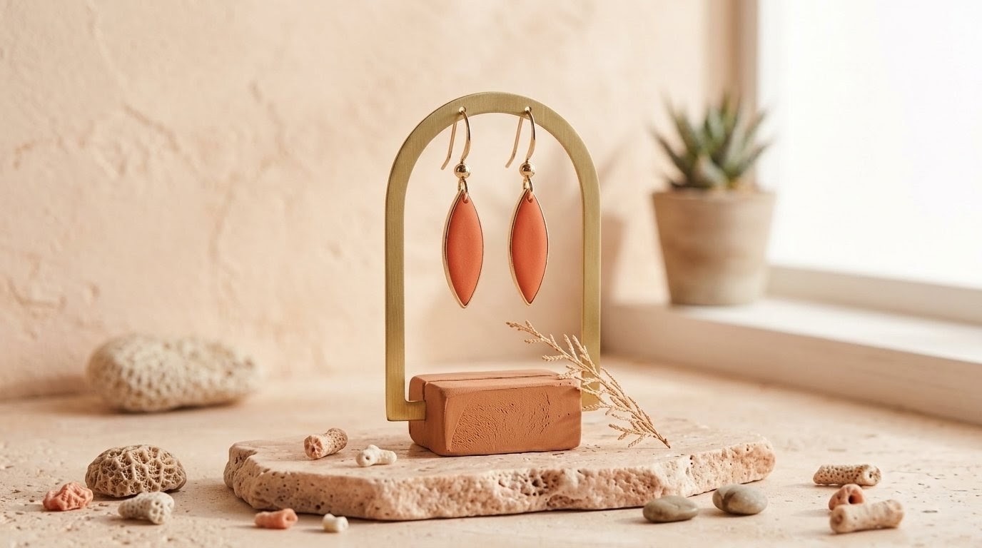 Paire de boucles d'oreilles à navettes émaillées terracotta suspendues à un présentoir en laiton, sur une dalle de travertin, devant une fenêtre